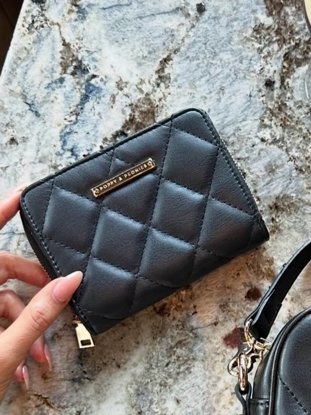 Poppy & Peonies Quilted Zip Wallet - Black (from Holiday Box)